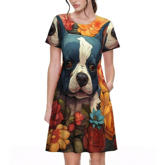 Lsque Cute Colorful Flower French Bulldog Print Women's Casual Dress T-Shirt Summer Short Sleeve Scoop Neck Swing Dresses
