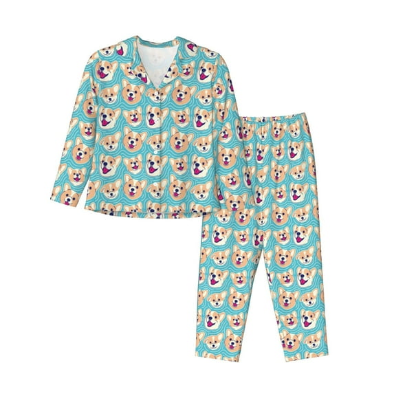 Lsque Cute Corgi Head Pattern Long Sleeve Pajama Set for Women - Soft 2-Piece Sleepwear and Loungewear Set with Pockets, Comfy Nightwear-XX-Large