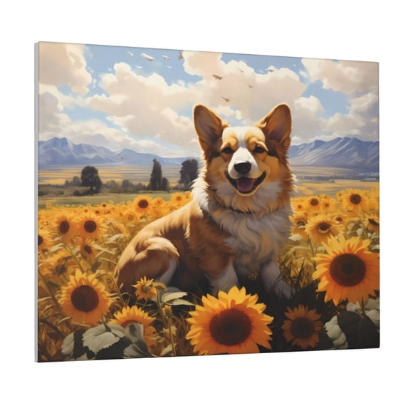 Lsque Cute Corgi Sunflower Print Wall Art – Decorative Picture for Living Room, Bedroom, and Office (Horizontal)