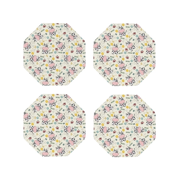 Lsque Cute Cow Pattern 4" Drink Coasters Set of 4, PVC Leather Absorbent Coasters, Table Coaster Set Decorative Coffee Cup Coasters Housewarming Gift -Octagon