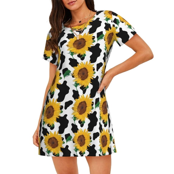Lsque Cute Cow Print Sunflower B Pattern Nightgowns for Women Sleep Shirts Short Sleeve Nightshirt Pullover Nightdress Soft Sleepwear Relaxed Fit Nightdress