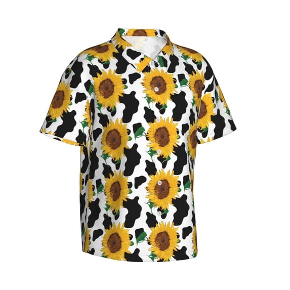 Lsque Cute Cow Print Sunflower B pattern Hawaiian Shirt for Men, Unisex Summer Beach Casual Short Sleeve Button Down Shirts-Large