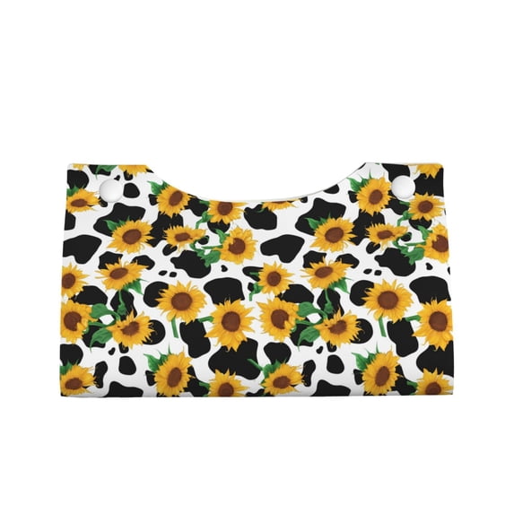 Lsque Cute Cow Print Sunflower C Printed Long Tissue Box Cover Holder, Facial Paper Organizer Dispenser,Triangle with Bottom Belt, PVC Leather Decorative Organizer