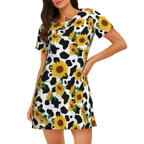 Lsque Cute Cow Print Sunflower A Pattern Nightgowns for Women Sleep Shirts Short Sleeve Nightshirt Pullover Nightdress Soft Sleepwear Relaxed Fit Nightdress