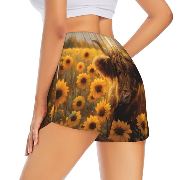 Lsque Cute Cow Sunflower Field Printed Women's Running Shorts with Liner Pockets,Elastic Quick Dry Workout Athletic Gym Yoga Shorts,Womens High Waist Shorts-XX-Large