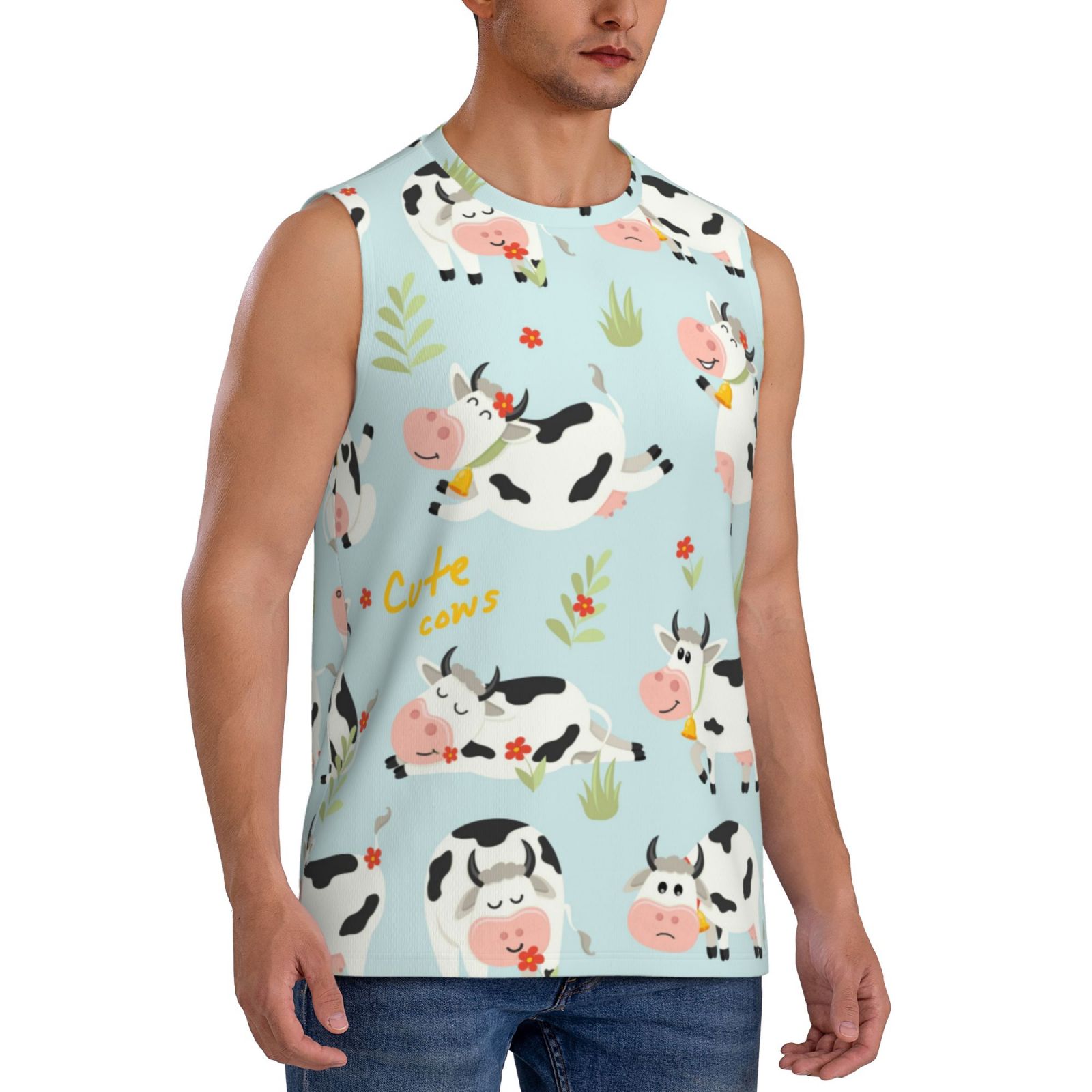 Lsque Cute Cows Print Men's Cotton Blend Sleeveless Muscle Shirts (S ...