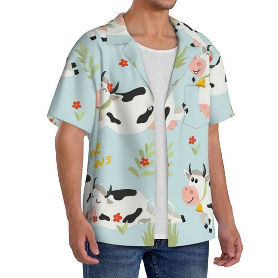 Lsque Cute Cows print Men's Cuban Collar Short Sleeve Shirt Summer Beachwear Casual Button Down Fashionable Vacation Leisure Shirt-3X-Large
