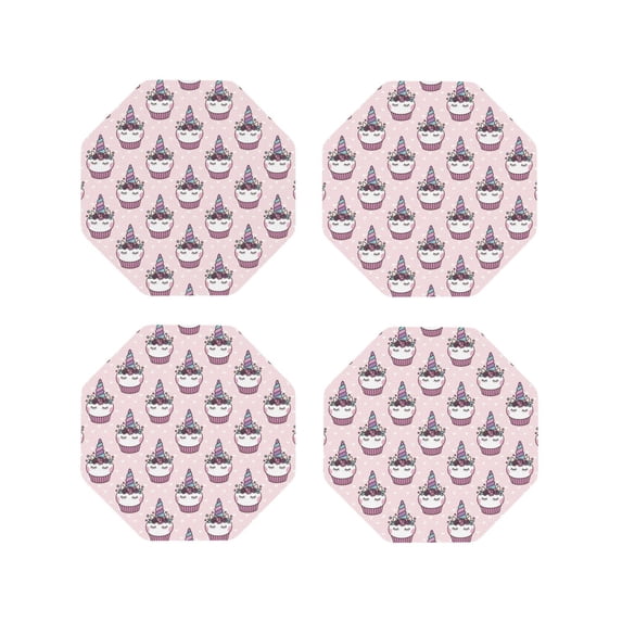 Lsque Cute Cupcake Pattern 4" Drink Coasters Set of 4, PVC Leather Absorbent Coasters, Table Coaster Set Decorative Coffee Cup Coasters Housewarming Gift -Octagon