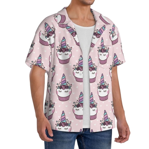 Lsque Cute Cupcake print Men's Cuban Collar Short Sleeve Shirt Summer Beachwear Casual Button Down Fashionable Vacation Leisure Shirt-Medium