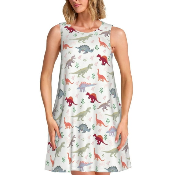 Lsque Cute Dinosaur Pattern Summer Dresses for Women – Sleeveless T-Shirt Swing Sundress, Perfect for the Beach and Casual Days