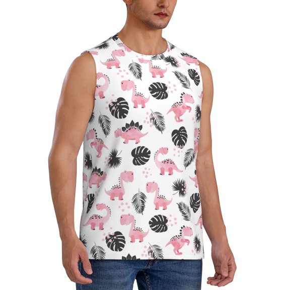 Lsque Cute Dinosaur Print Men's Cotton Blend Sleeveless Muscle Shirts (S-3XL)- Moisture Wicking, Odor Protection, UPF 30 ,Small