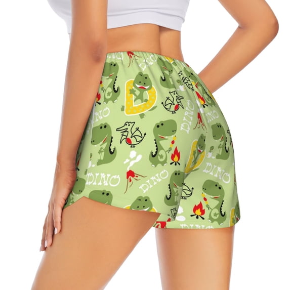 Lsque Cute Dinosaurs Cartoon Printed Women's Running Shorts with Liner Pockets,Elastic Quick Dry Workout Athletic Gym Yoga Shorts,Womens High Waist Shorts-Medium