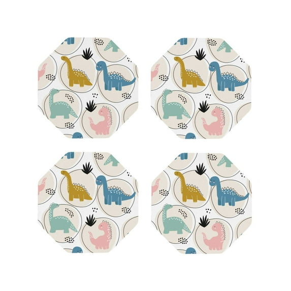Lsque Cute Dinosaurs Pattern 4" Drink Coasters Set of 4, PVC Leather Absorbent Coasters, Table Coaster Set Decorative Coffee Cup Coasters Housewarming Gift -Octagon
