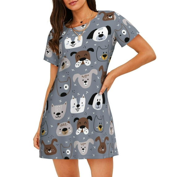 Lsque Cute Dog Faces Pattern Nightgowns for Women Sleep Shirts Short Sleeve Nightshirt Pullover Nightdress Soft Sleepwear Relaxed Fit Nightdress