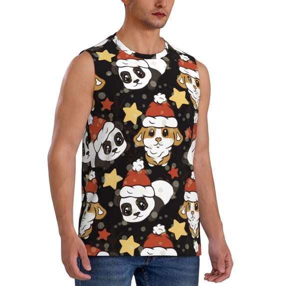 Lsque Cute Dog Panda Print Men's Cotton Blend Sleeveless Muscle Shirts (S-3XL)- Moisture Wicking, Odor Protection, UPF 30+,Large