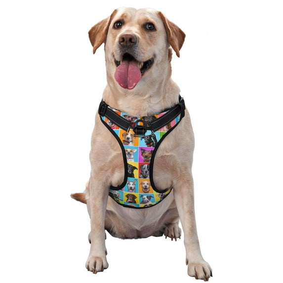 Lsque Cute Dogs Collage Dog Harness, No-Pull Pet Harness with 2 Leash Clips, Adjustable Soft Padded Dog Vest with Easy Control Handle for Large Dogs-Medium