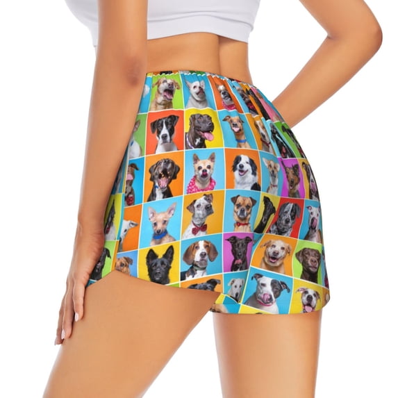Lsque Cute Dogs Collage Printed Women's Running Shorts with Liner Pockets,Elastic Quick Dry Workout Athletic Gym Yoga Shorts,Womens High Waist Shorts-Large