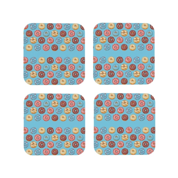 Lsque Cute Donut Pattern 4" Drink Coasters Set of 4, PVC Leather Absorbent Coasters, Table Coaster Set Decorative Coffee Cup Coasters Housewarming Gift -Square