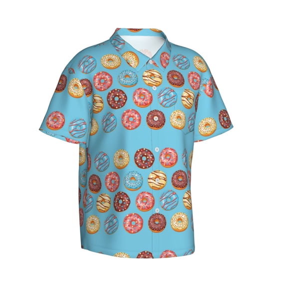 Lsque Cute Donut pattern Hawaiian Shirt for Men, Unisex Summer Beach Casual Short Sleeve Button Down Shirts-Large