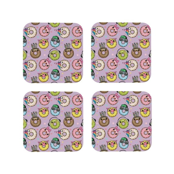 Lsque Cute Donuts Pattern 4" Drink Coasters Set of 4, PVC Leather Absorbent Coasters, Table Coaster Set Decorative Coffee Cup Coasters Housewarming Gift -Square