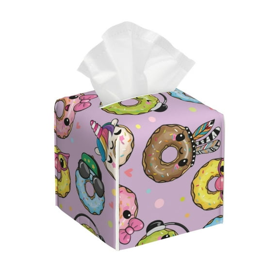 Lsque Cute Donuts Printed Tissue Box Cover Holder, Facial Paper Organizer Dispenser,Square with Bottom Belt, PVC Leather Decorative Organizer