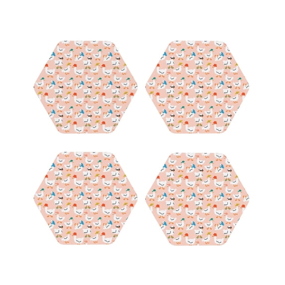 Lsque Cute Ducks In Hats Pattern 4" Drink Coasters Set of 4, PVC Leather Absorbent Coasters, Table Coaster Set Decorative Coffee Cup Coasters Housewarming Gift -Hexagon