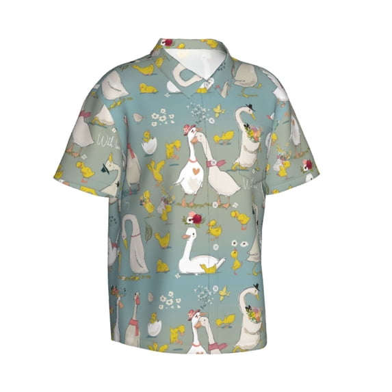 Lsque Cute Farm Birds pattern Hawaiian Shirt for Men, Unisex Summer Beach Casual Short Sleeve Button Down Shirts-X-Large