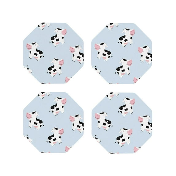 Lsque Cute Farm Cow Pattern 4" Drink Coasters Set of 4, PVC Leather Absorbent Coasters, Table Coaster Set Decorative Coffee Cup Coasters Housewarming Gift -Octagon