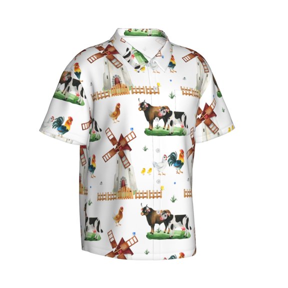 Lsque Cute Farm pattern Hawaiian Shirt for Men, Unisex Summer Beach Casual Short Sleeve Button Down Shirts-Medium