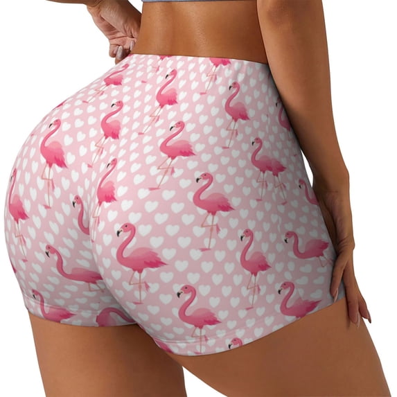 Lsque Cute Flamingo with Heart Pattern High Waisted Biker Shorts for Women-Tummy Control Fitness Athletic Workout Running Yoga Gym Shorts,Moisture-Wicking-Medium