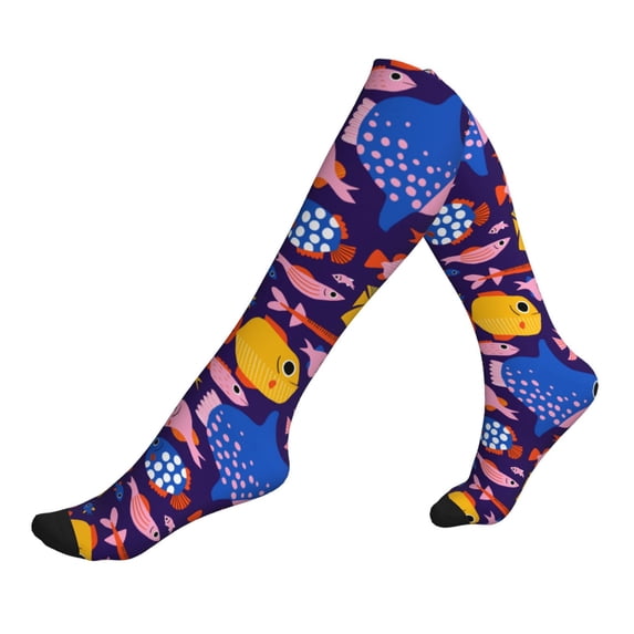 Lsque Cute Flat Hand Drawn Fishes Pattern Sport Compression Socks for Men & Women 15-20 mmHg Knee High Nurse Pregnant Running Medical and Travel Athletic