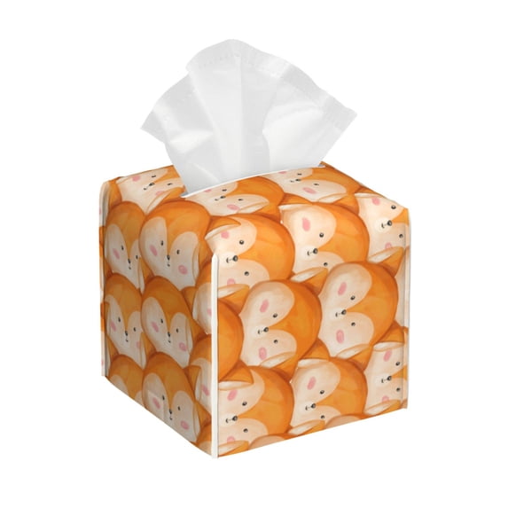 Lsque Cute Fox Faces Pattern Printed Tissue Box Cover Holder, Facial Paper Organizer Dispenser,Square with Bottom Belt, PVC Leather Decorative Organizer