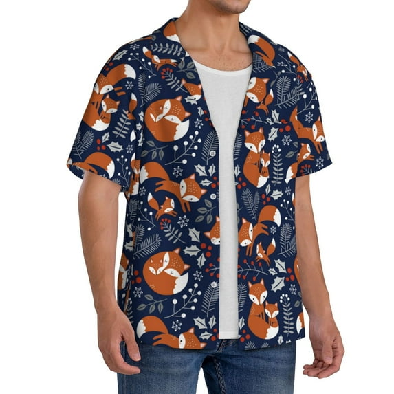 Lsque Cute Foxes print Men's Cuban Collar Short Sleeve Shirt Summer Beachwear Casual Button Down Fashionable Vacation Leisure Shirt-Medium