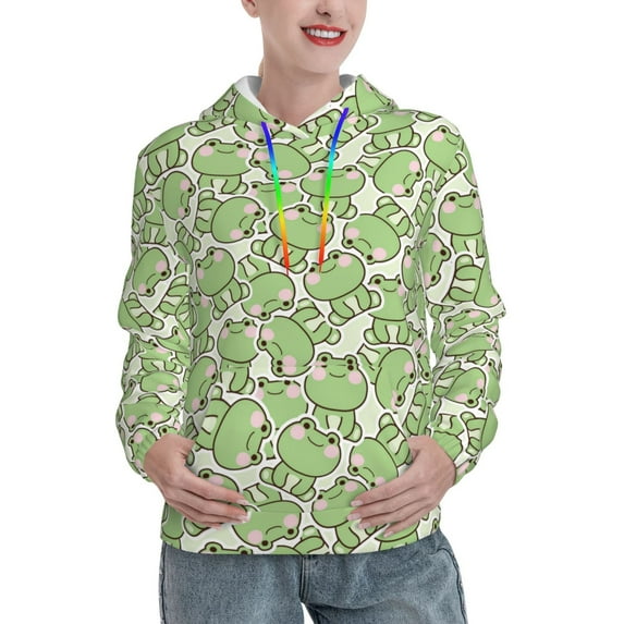Lsque Cute Frog Pattern Casual Women's Hoodie,Hooded Sweatshirt with Kangaroo Pocket,Pullover Hoodie with Eye-catching Drawstrings-Small