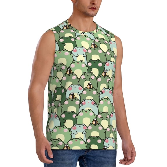 Lsque Cute Frog Print Men's Cotton Blend Sleeveless Muscle Shirts (S-3XL)- Moisture Wicking, Odor Protection, UPF 30+,Small