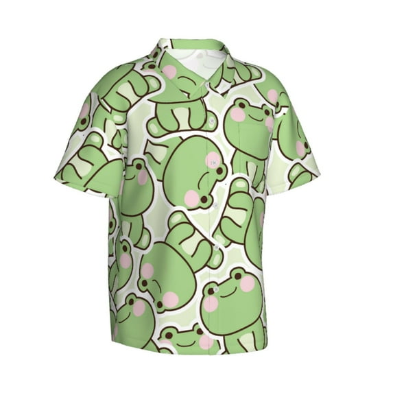 Lsque Cute Frog pattern Hawaiian Shirt for Men, Unisex Summer Beach Casual Short Sleeve Button Down Shirts-Small
