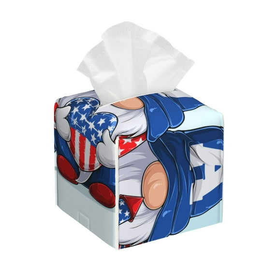 Lsque Cute Gnomes in USA Printed Tissue Box Cover Holder, Facial Paper Organizer Dispenser,Square with Bottom Belt, PVC Leather Decorative Organizer