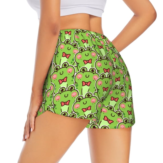 Lsque Cute Green Frog Printed Women's Running Shorts with Liner Pockets,Elastic Quick Dry Workout Athletic Gym Yoga Shorts,Womens High Waist Shorts-X-Large