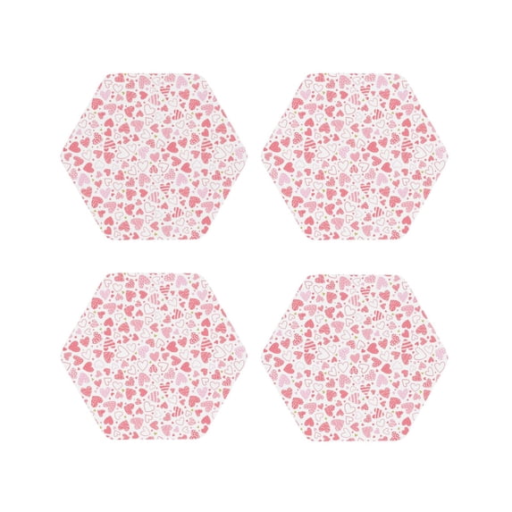 Lsque Cute Hand Drawn Hearts Pattern 4" Drink Coasters Set of 4, PVC Leather Absorbent Coasters, Table Coaster Set Decorative Coffee Cup Coasters Housewarming Gift -Hexagon