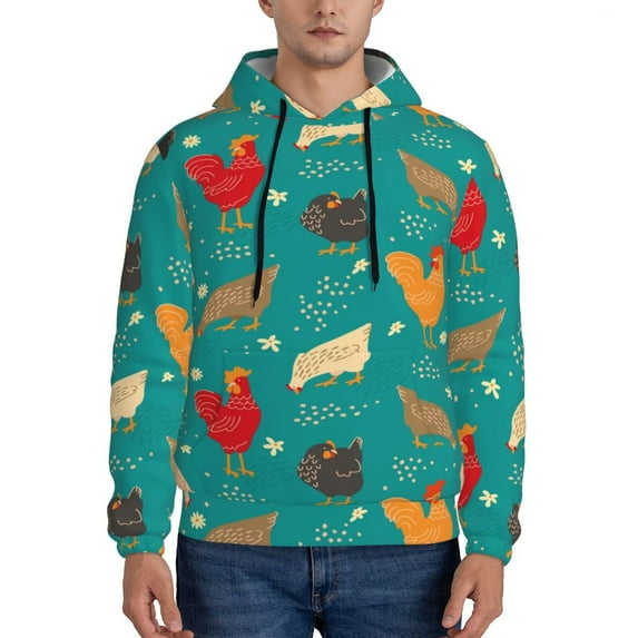 Lsque Cute Hens And Rooster Pattern Casual Men's Hoodie,Hooded Sweatshirt with Kangaroo Pocket,Pullover Hoodie-Large