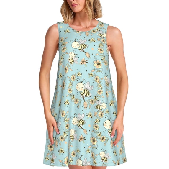 Lsque Cute Honeybees Pattern Summer Dresses for Women – Sleeveless T-Shirt Swing Sundress, Perfect for the Beach and Casual Days