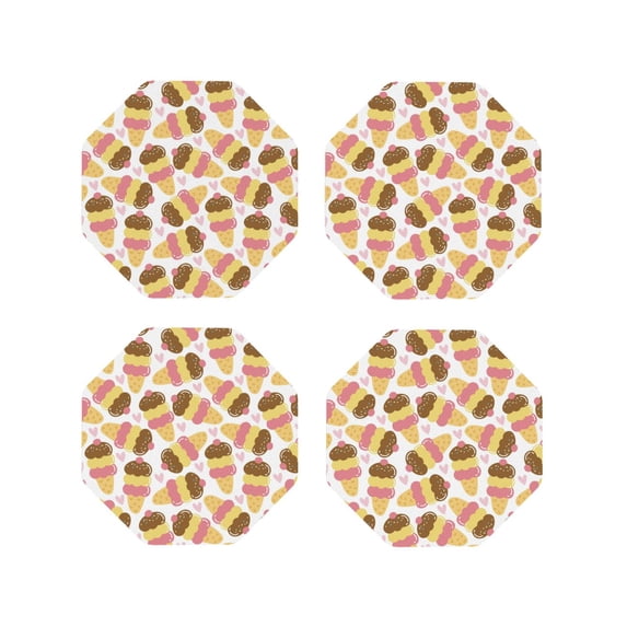 Lsque Cute Ice Cream Pattern 4" Drink Coasters Set of 4, PVC Leather Absorbent Coasters, Table Coaster Set Decorative Coffee Cup Coasters Housewarming Gift -Octagon