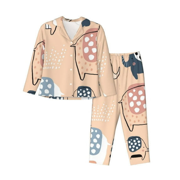 Lsque Cute Ink Drawn Elephants Pattern Long Sleeve Pajama Set for Women - Soft 2-Piece Sleepwear and Loungewear Set with Pockets, Comfy Nightwear-XX-Large