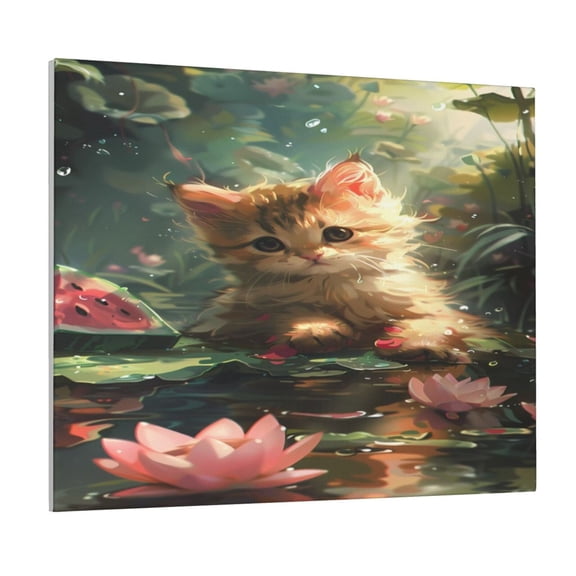 Lsque Cute Kitten Water Lilies Print Wall Art – Decorative Picture for Living Room, Bedroom, and Office (Horizontal)