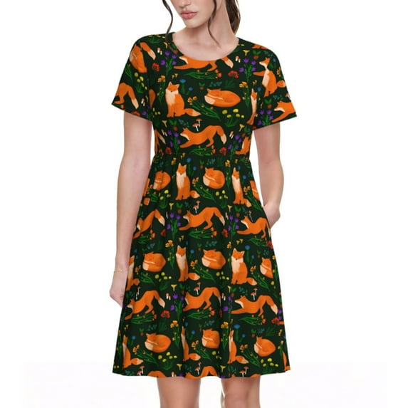 Lsque Cute Little Foxes Print Women's Casual Dress T-Shirt Summer Short Sleeve Scoop Neck Swing Dresses
