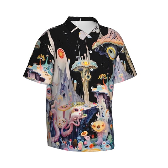 Lsque Cute Mushroom Landscape pattern Hawaiian Shirt for Men, Unisex Summer Beach Casual Short Sleeve Button Down Shirts-Small