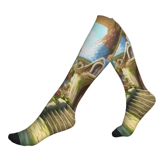 Lsque Cute Mushroom Town A Pattern Sport Compression Socks for Men & Women 15-20 mmHg Knee High Nurse Pregnant Running Medical and Travel Athletic