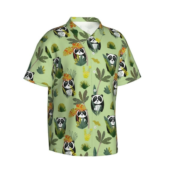 Lsque Cute Panda Bear In Greenery Forest pattern Hawaiian Shirt for Men, Unisex Summer Beach Casual Short Sleeve Button Down Shirts-Medium