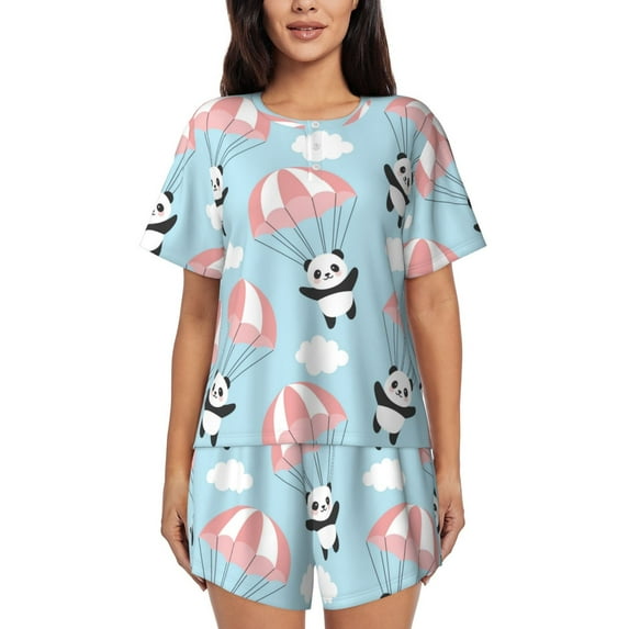 Lsque Cute Panda Flying in the Sky Women's Short-Sleeved Pajama Set - 2 Piece Soft and Lightweight Sleepwear Set-