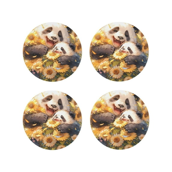 Lsque Cute Panda Sunflower Pattern 4" Drink Coasters Set of 4, PVC Leather Absorbent Coasters, Table Coaster Set Decorative Coffee Cup Coasters Housewarming Gift -Round Shape
